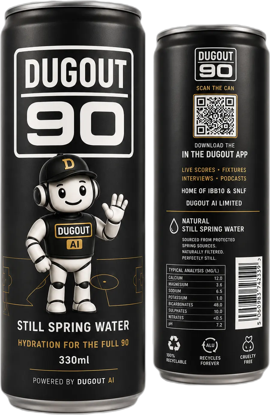 DUGOUT 90 can, front and back — the QR code and the still spring water label